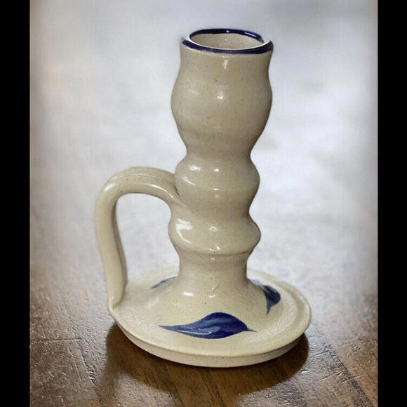 Williamsburg Pottery Candlestick Holder Salt Glazed Cobalt Blue Leaf Gray - Picture 1 of 9